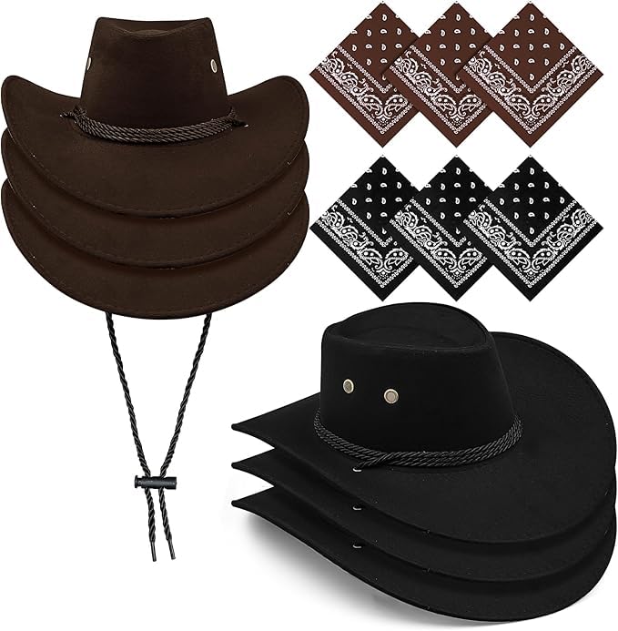 Image of 12Pcs Cowboy Hats and Bandanas,Western Cowboy Hats Bulk,Wide Brim Cowgirl Hats Costume Party for Men Women