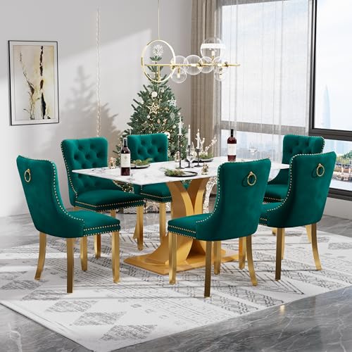 HAIZAO 63'' Luxury Rectangular Dining Room Table Set for 6, Modern Faux Marble Tabletop with Gold Aesthetic Base Kitchen Table Set & 6 Green Gold Tufted Chairs, 7 Piece Dining Room Table Set