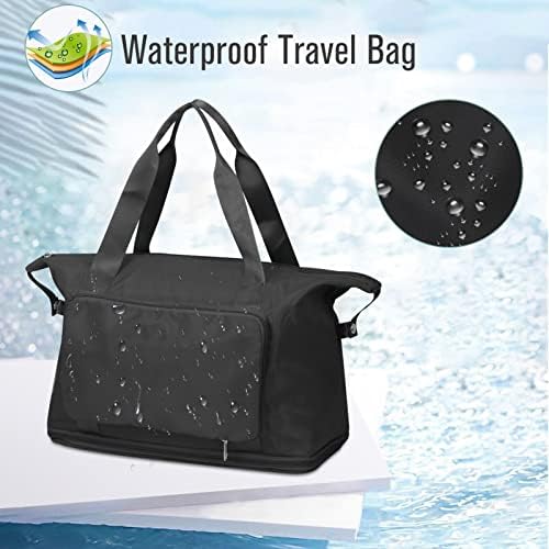 WWW Foldable Travel Duffle Bag, Waterproof Sports Gym Tote Bag, Weekend Overnight Bag with Wet Pocket for Women, Extra Large Travel Luggage Bag for Airplane, Vacation, Business Trip, Black