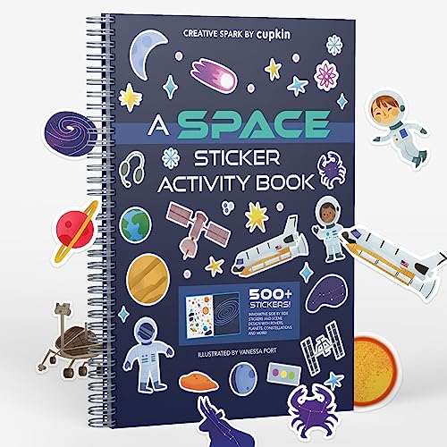 Outer Space Stickers + Coloring Book by Cupkin: Innovative Side by Side Sticker Books - Spiral Binding Lays The Planet Stickers Flat - 500+ Astronaut Stickers and 12 Interstellar Scenes - 2