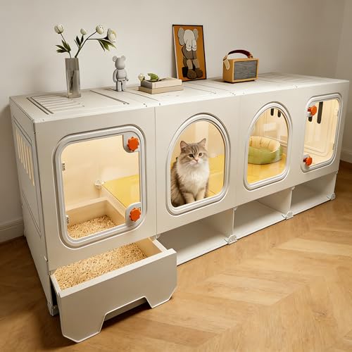 Helanzer Cat Cage with Litter Box Large Cat Enclosure with Litter Area Storage Cozy Bed Space Cats House with Transparent Windows Interactive Villa for Indoor 55x17.7x20.5In (55x17.7x20.5In)