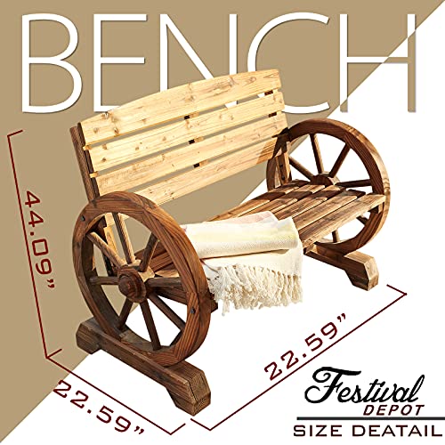 Sports Festival 2-Person Wagon Wheel Wood Bench Outdoor Patio Loveseat With Wheel Armrest And Slatted Seat Rustic Log Furniture Handled With Burnt Finish For Porch Garden Backyard #TOP1