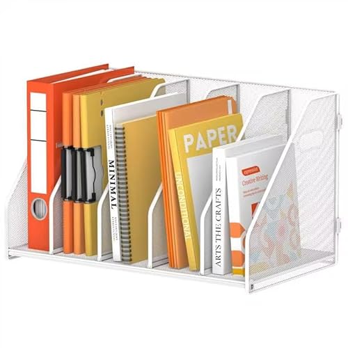 SUPEASY Binder organiser, Magazine File Holder with 5 Vertical Compartments Rack, Metal Desk File organiser & Binder Holders, Magazine organisers for Office Desktop, Home, School (White)