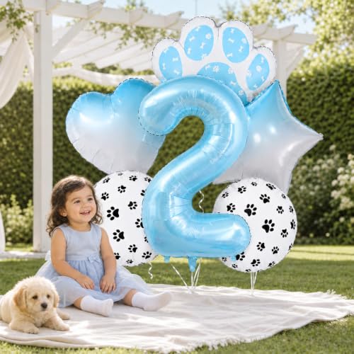 Image of Blue Puppy Dog Paw Print Number 2 Foil Balloon Kit Boys 2nd Birthday Decor