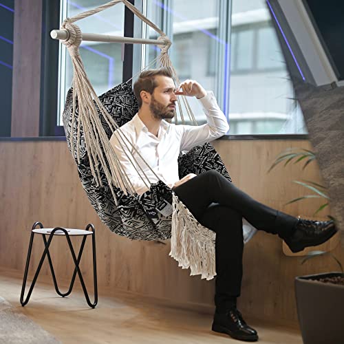 Rooity Hammock Chair With Tassels Hanging Rope Swing With 2 Cushions;Steel Spreader Bar With Anti Slip Rings;350Lbs Max;Cotton Woven Fabric For Bedroom,Patio,Porch,Deck-Indoor Outdoor Black/White #TOP5