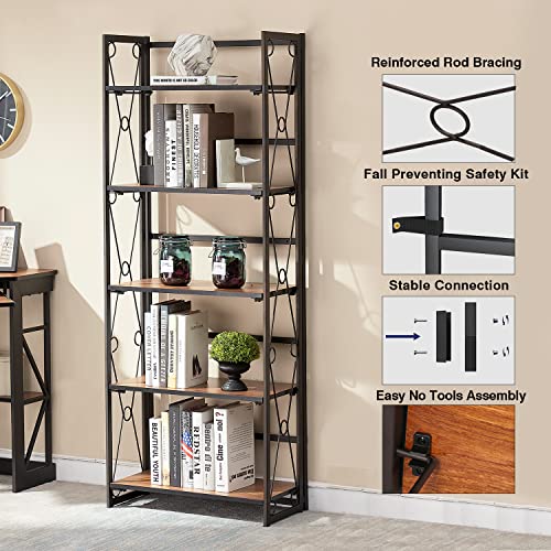 Vecelo 5 Shelf Bookcase,No-Assembly Folding-Bookshelf,Industrial Standing Racks Study Organizer With Metal Frame & Wood Layer,Teakwood Brown #TOP4