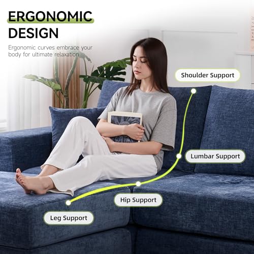 Image of 79 inch Boneless Cloud Loveseat Sofa Couch, Modular Tufted Foldable Floor Sofa with Ottoman, Chenille Lounge Convertible Sofa Bed for Living Room, No Assembly, Blue