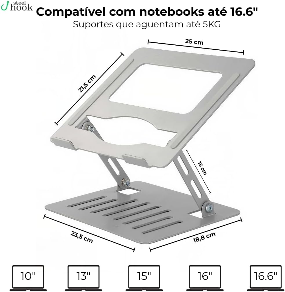 Suporte para Notebook de Aço - Ajustável e ventilado compativel com Notebook e Mackbook até 16.0" Ideal para Estudos e Homeofice - Auxilia a postura melhorando a produtividade e foco no trabalho.
