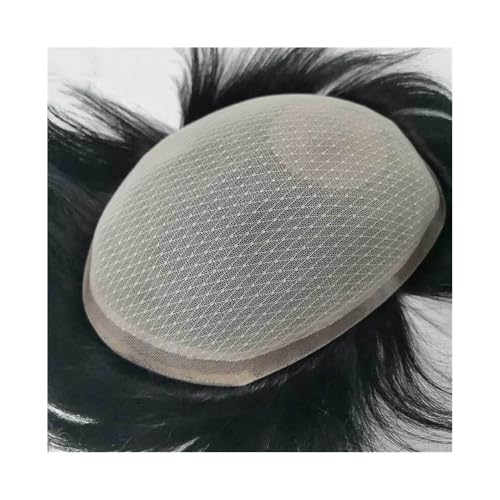 Postizos Prótesis capilares masculinas de cabello humano con encaje francés transpirable y piel sintética alrededor los sistemas reemplazo for hombres, unidades Remy liso negro natural Diario(14x19cm)