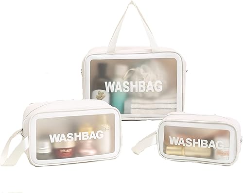 Happy L Bolsas de viaje transparentes para artículos de tocador, 3 bolsas de cosméticos portátiles de PVC impermeables, bolsa de transporte de