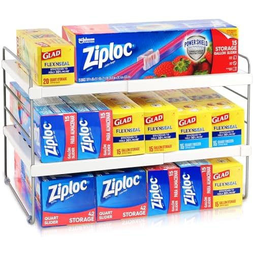 JUPELI Foil and Plastic Wrap Organizer, Expandable Kitchen Pantry Storage, Height Adjustable Cabinet Rack for Kitchen Organization, Aluminum Foil -3 Tier 9.8″ to 15.6″L