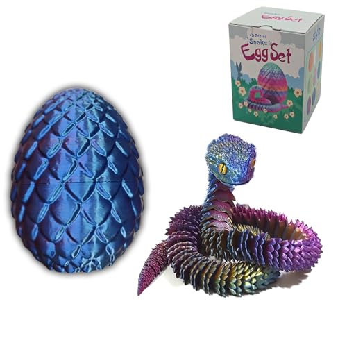 3D Printed Snake with Egg, Realistic Flexible Viper Fidget Toy Set, Stress Relief 3-D Articulated Animals for Kids & Adults, Easter Egg Basket Stuffer, Cool Desk Mystery Toy Gift (Blue)