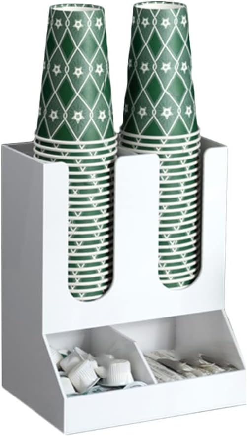 2-Tier Acrylic Cup Dispenser & Coffee Organizer Station - White Coffee Bar Holder for Disposable Cups & Condiments, Sugar Packet Storage, 22x16x27cm, Ideal for Home & Office