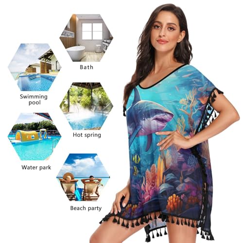 Sea Animals Shark Women's Beach Cover Up Chiffon Tassel Swimwear Swimsuit Coverups for Girl3