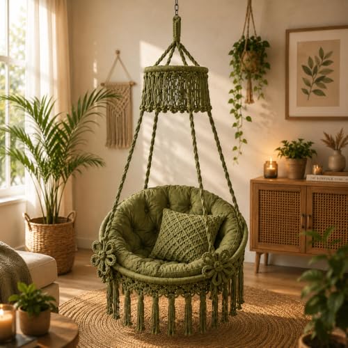 Image of Premium King Size Hammock Chair Swing with Cushion, 200kg Capacity | Indoor Outdoor Heavy Duty Adults & Kids Hanging Jhula for Home, Garden, Patio & Balcony | 1 Yr Warranty (Olive Green)