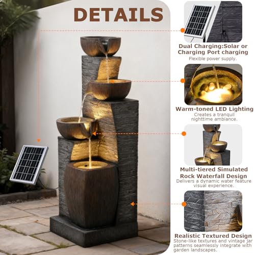 Image of 38.2 inch Tall Solar Water Fountain Outdoor Garden with LED Lights | 4 Tiers Modern Cascading Bowls and Stacked Stones Solar Powered Fountains for Patio, Deck, Porch, Backyard, Lawns