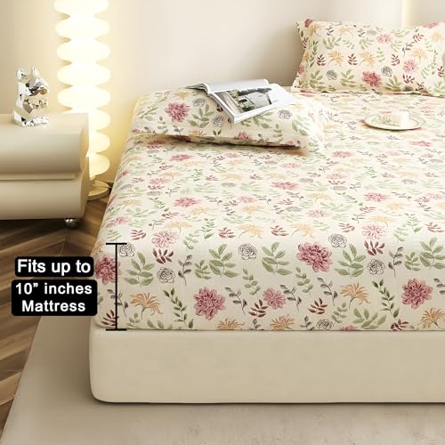Image of Story@Home Cloud Cotton Fitted BEDSHEET (72 X 78 Inch) 360 Elastic King Size with 2 Pillow Covers | Super Soft Bed Sheet for King Size Bed Floral Design (White, Pink)