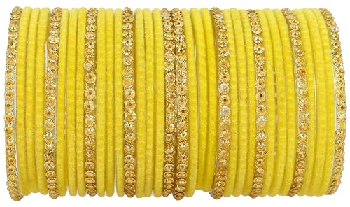 Image of NMII Premium Glass & Golden Beads Velvet Bangle Set For Women and Girls | Velvet Chudi | Traditional Chudi Set | Designer Girl's Bangles Bracelet | Wedding, Party, Festive, Daily- Set of 34