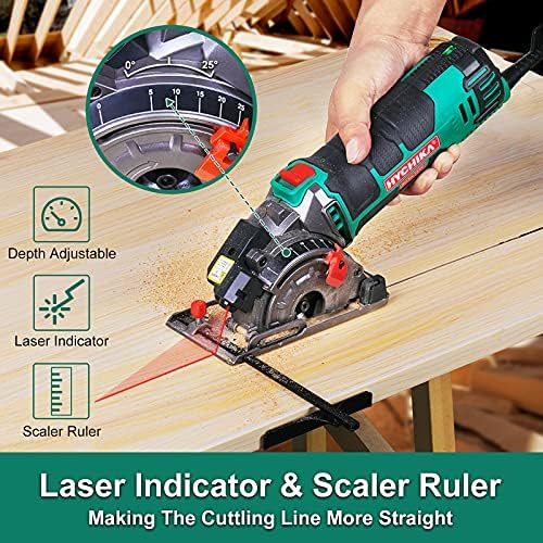 Mini Circular Saw, HYCHIKA Circular Saw with 3 Saw Blades, Laser Guide, Scale Ruler, 500W Pure Copper Motor, 4500RPM Ideal for Wood, Soft Metal, Tile and Plastic Cuts