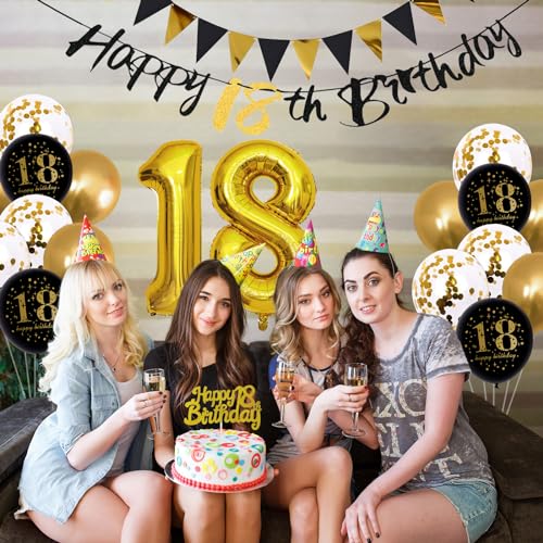 Image of Jobkoo 18th Birthday Decorations, Black Gold 18th Birthday Party Decoration for Boys Girls Golden Black 18th Balloons Cake Topper 18th Banner for 18 Year Old Party Supplies