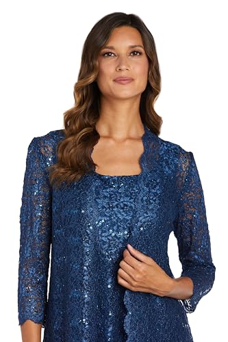 Image of R&M Richards Women's 3-Piece Scallop Glitter Lace Duster Pant Set for Mother of the Bride, Wedding Guest, Cocktail Attire