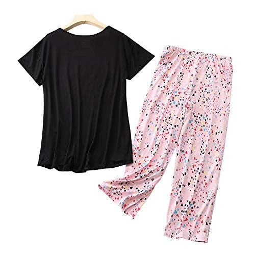 Image of CHUNG Women Cotton Pajama Sets Sleepwear pjs Short Sleeve Shirt Capri Length Crop Pants Cute Vivid Print