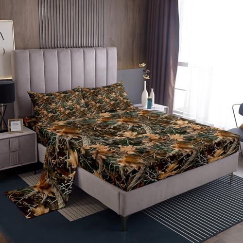 meiyoeat Tree Camo Bed Sheets Set King Size Kid Tree Branches Fitted Sheet with Deep Pocket Boys Girls Teens Nature Theme Bedding Set Breathable Brown Leaf Bedroom Decor Bedclothes