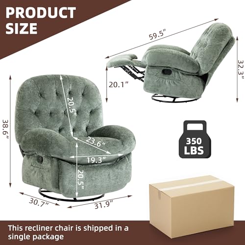 Recliner Chair for Adults, 360° Swivel Manual Recliner with Side Pocket, Nursery Rocking Chair with Comfortable Chenille Arms and Back for Living Room, Bedroom, Reading (Green) - Image 3