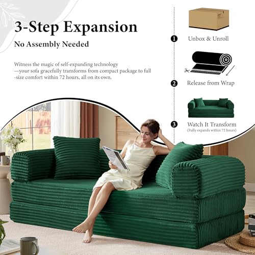 Image of Boneless Couch Futon Sofa Bed Sectional Couches for Living Room,Cloud Couch with Sleeper Sofa,Sofas for Living Room Oversized Corduroy Upholstered (Green, 76 Inches (No Iron Frame))