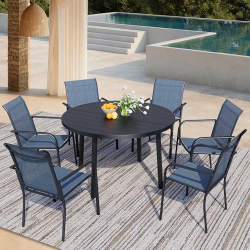 Stabrech 7 Pieces Patio Dining Set for 6, Blue Patio Stackable Chairs and Black Round Table Set of 6, Outdoor Furniture Set with Sling Support for Outside, Garden