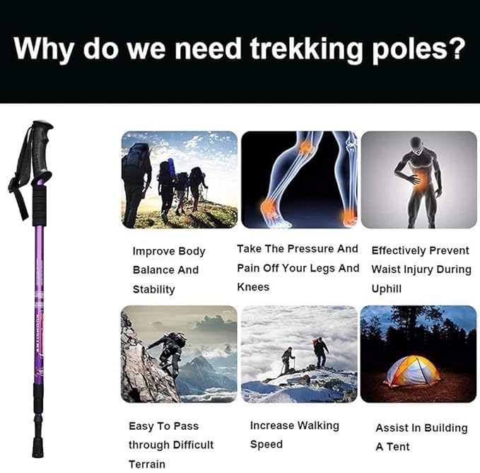 Image of Trekking Poles - Lightweight Adjustable Aluminium Hiking Sticks with Shock Absorber, All-Terrain Tips & Carry Bag (Purple, Pack of 2)