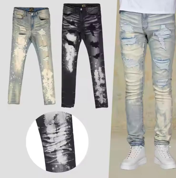 Men's Slim-fit Mid-Rise Men's Jeans with Ink-Stained, Distressed and Frayed Hems - Casual and Retro Men's Jeans3