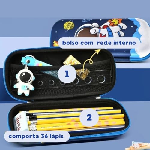 Estojo Infantil Escolar 3D Volta As Aulas Escola Menino Azul Astronauta 36 Lápis Canetinha Giz Tesou