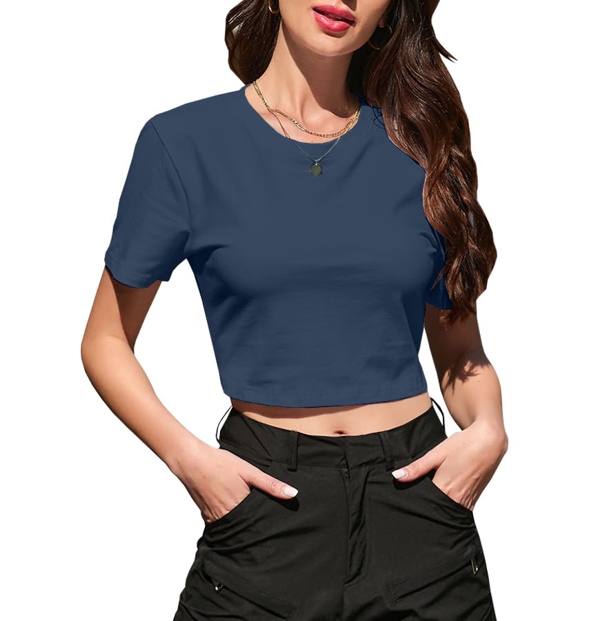 Image of Betusline Girls & Women Basic Summer Short Sleeve Slim Fit T-Shirts Soft Crewneck Crop Y2k Tee Cute Gym Fashion Clothes