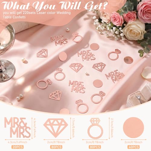 Image of Sumind 220 Pieces Rose Gold Wedding Table Confetti, Paper Mr and Mrs Rose Gold Diamond Ring Circle Dots Diamond Glitter Confetti for Marriage Ceremony Anniversary Valentine