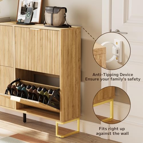 Image of Fluted Shoe Cabinet Storage with 4 Flip Drawers, Wood Narrow Hidden Shoe Cabinet with Metal Legs & Adjustable 2 Tier Shelf for Entryway, Freestanding Slim Shoe Rack Organizer for Hallway Living Room
