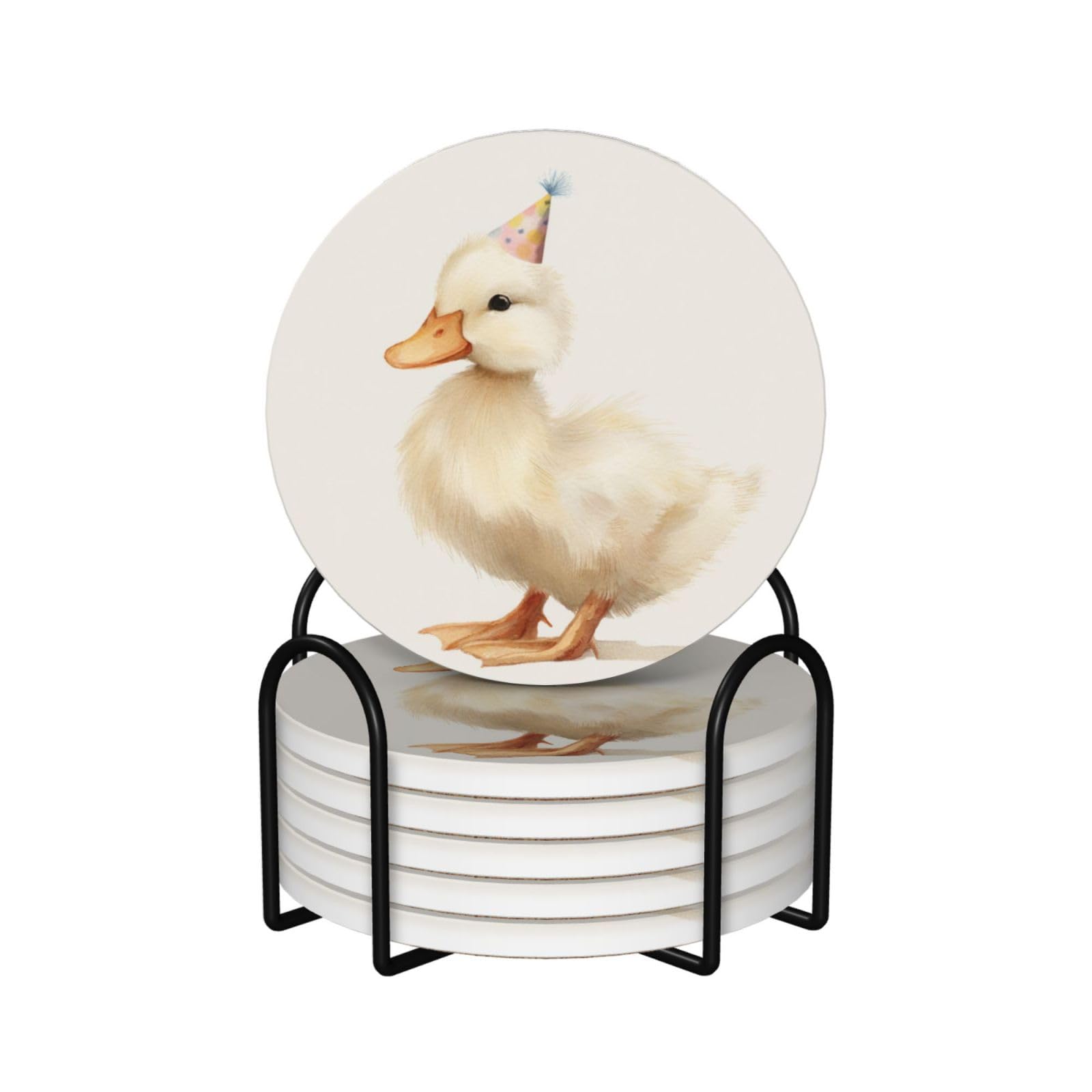 White Duck Wearing Small Party Hat Watercolor Ceramic Coasters with Holder 6ps