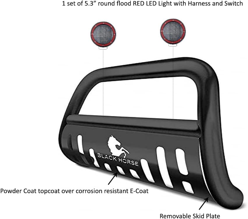 Black Horse Bull Bar Skid Plate Black Come with Pair of 5.3" Dia. LED Flood Lights with Red Trim Rings Compatible with 2006-2018 Toyota RAV4-BB093904A-SP-PLFR