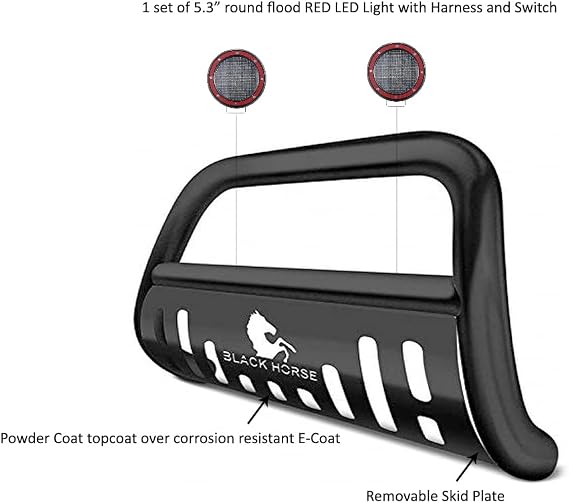 Black Horse Bull Bar Incl. Pair of 5.3 Dia.LED Lights w/Red Trim Rings Matte Black Compatible with 2019-2023 Ford Ranger-BBFO100A-SP-PLFR