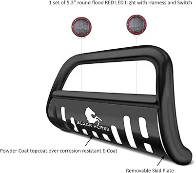 Black Horse Bull Bar Incl. Pair of 5.3 Dia.LED Lights w/Red Trim Rings Matte Black Compatible with 2019-2023 Ford Ranger-BBFO100A-SP-PLFR