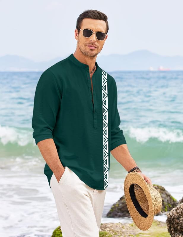 Image of FINIVO FASHION Men's Short Kurta with Printed Geometric Side Panel | Cotton Blend Full Sleeve Ethnic Topwear with Mandarin Collar | Stylish Indo-Fusion Kurta for Daily, Festive, or Casual Wear