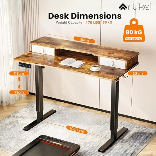 Image of ARTIKEL Valor Lite Electric Height Adjustable Standing Desk with Storage Drawers & Shelves| Sit-Stand Desk for Home Office |Ergonomic Workspace Table|120x60cm|Rustic Brown