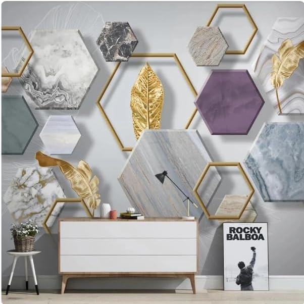 Papier peint 3d moderne salon chambre hexagone feuille d'or soie gaufrée 150cm