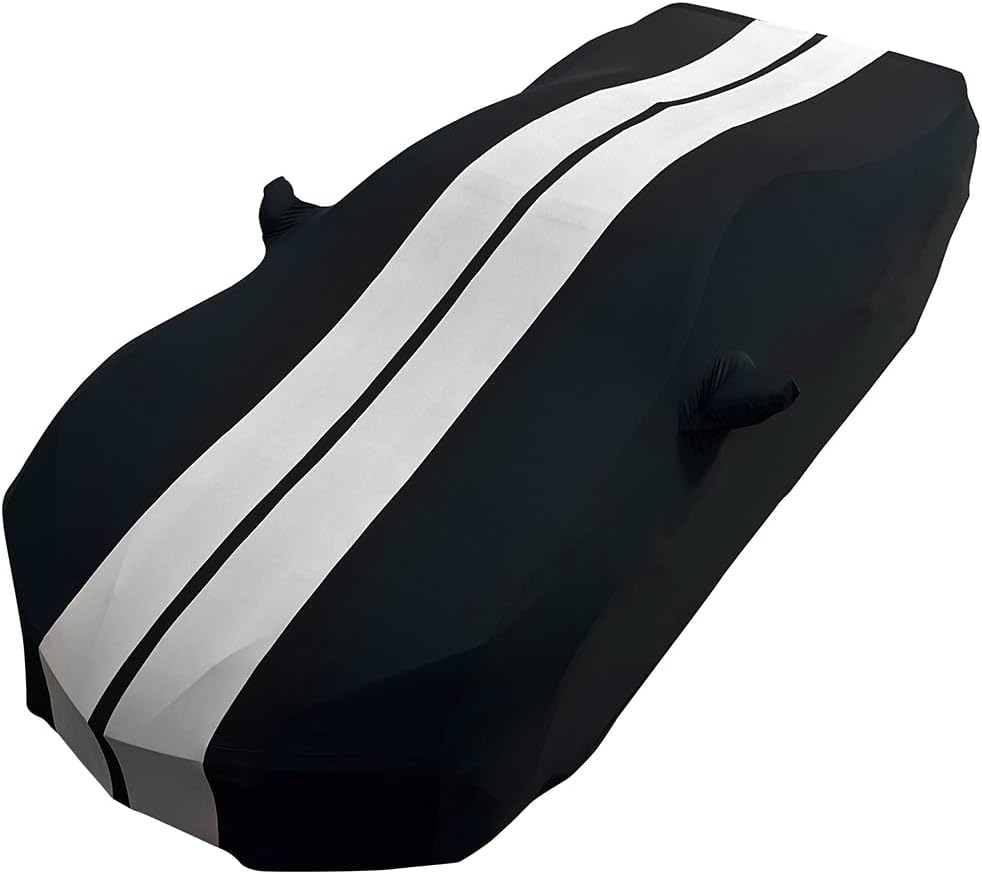 SR1 Performance USA C8 Corvette Car Cover 2020–2026 – Custom Fit Indoor Stretch Satin Cover for Stingray, Z06, Z51, E-Ray – Dustproof, Soft Lined, Breathable (Black with Gray Stripes)