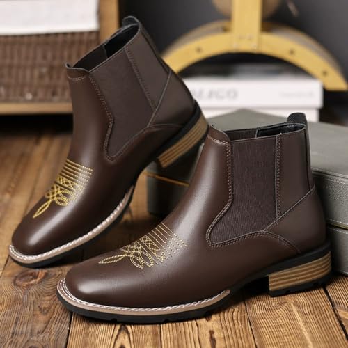 Men's Western Cowboy Boots Square Toe Durable Retro Classic Embroidered Pull On Boot Casual Work Chelsea Short Boots4