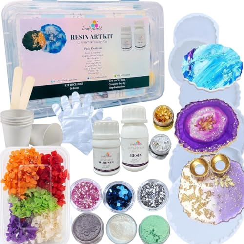 Image of ICRAFTYWORLD 26 Pcs DIY Epoxy Resin Art Kit With Moulds Agate Coaster Making Kit Resin Art Set For Beginners With Resin, Hardener & Epoxy Mould,Multicolor