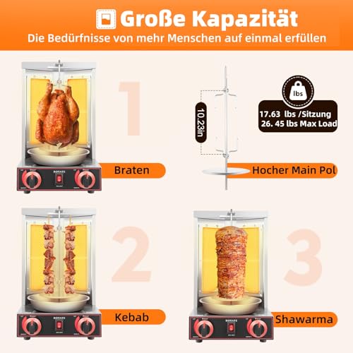 GCIUEMMH 2 Brenner Gas Edelstahl Gas Döner - 3KW Multigrill mit Zwei Heizrohre Edelstahl Gas Döner Kebab Maschine 360° Rotation Rotissiere Hähnchengrill 50°~300°C Temperatur Einstellbar Dönergrill – Bild 5