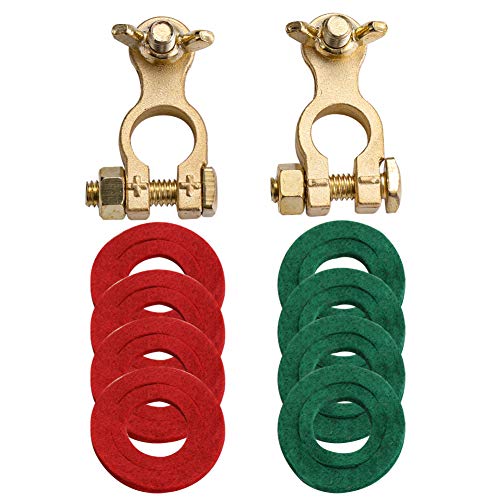 FRP Thickened Brass Battery Terminal Set 2 Packs Positive & Negative Car Battery Terminal Connectors Clamp For Automative & Marine, Max 24V 500A, Includes 4 Pairs of Post Washers, Value Pack