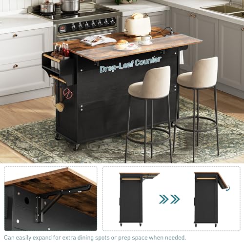 RALGEND Kitchen Island with Drop Leaf & Power Outlet, Rolling Kitchen Island Cart On Wheels, Barn Door Kitchen Island Table with Storage, Island Table for Kitchen, Black and Rustic Brown