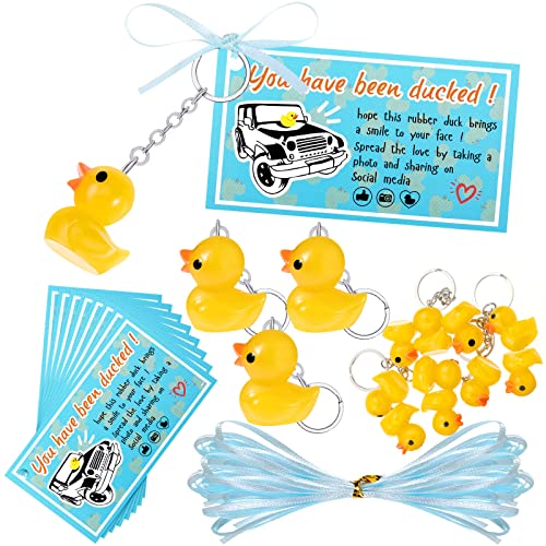 20 Sets Cute 3D Duck Keychain Birthday Party Favors, Yellow Rubber Ducks with You ve Been Ducked Cards and Blue Ribbon, Duck Duck Keychain with Card Tags for Kid Birthday Party Supplies Gifts
